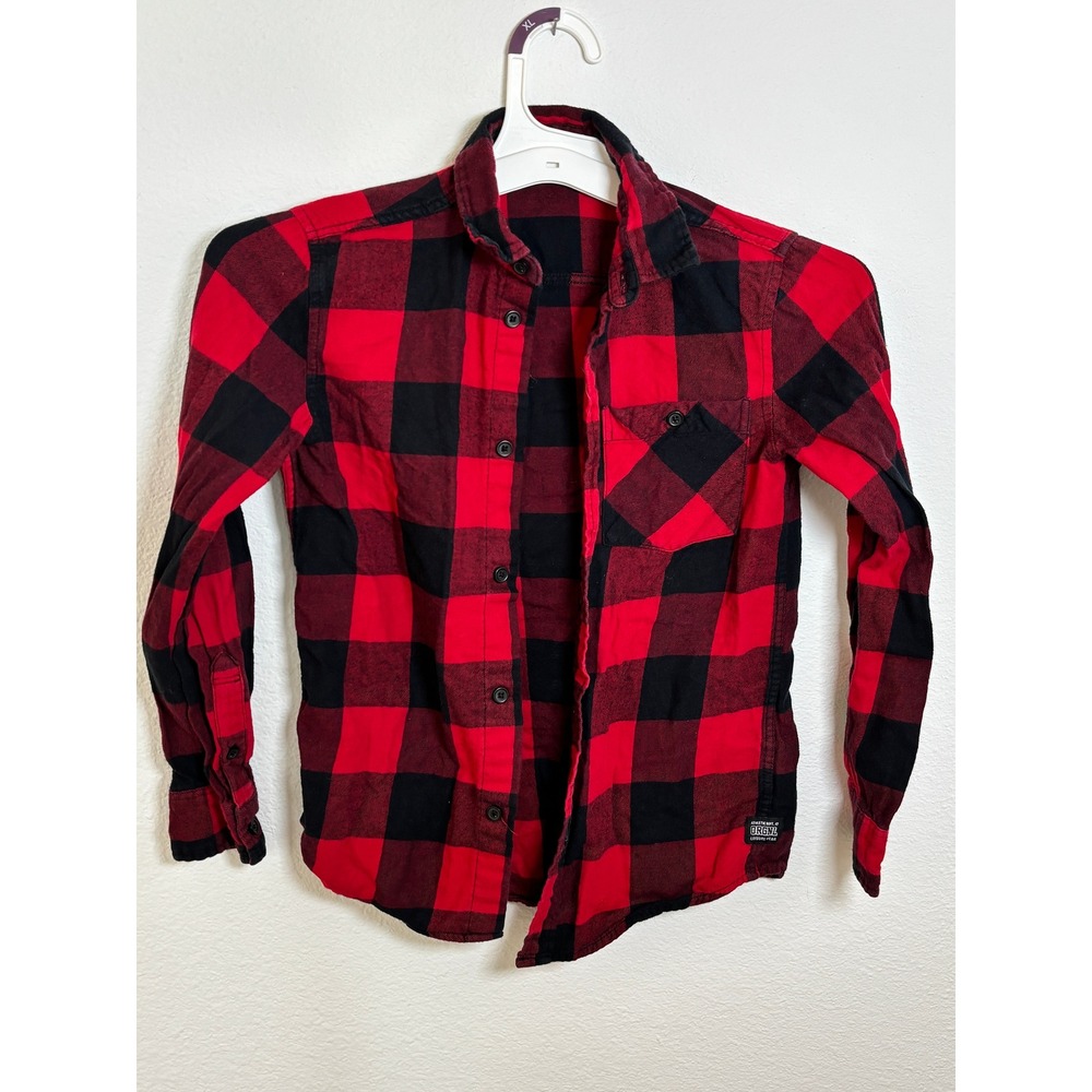 HM Boys Red Black Buffalo Plaid Flannel Button Down Shirt Size 8-9Y Long Sleeve